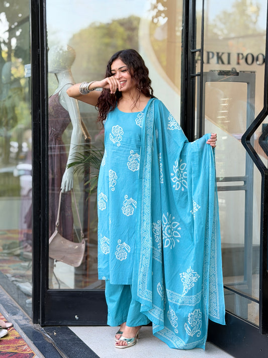 Cotton Printed 3-Piece Suit Set for Women | Kurta, Pants & Dupatta
