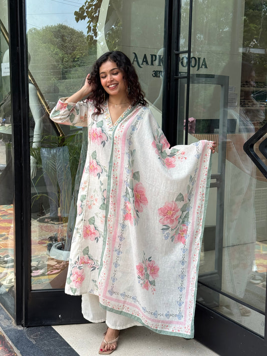 Women Floral Printed Cotton Blend Kurta Palazzo Dupatta Set