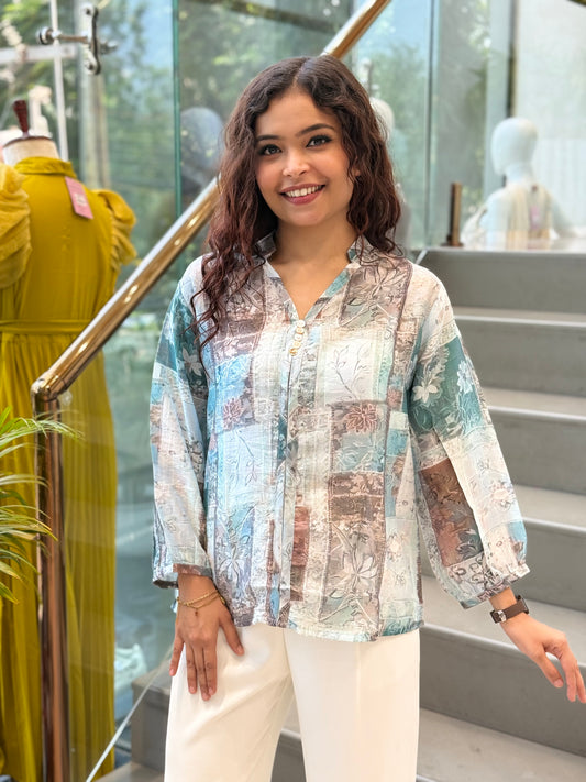 Printed  front button  chiffon top