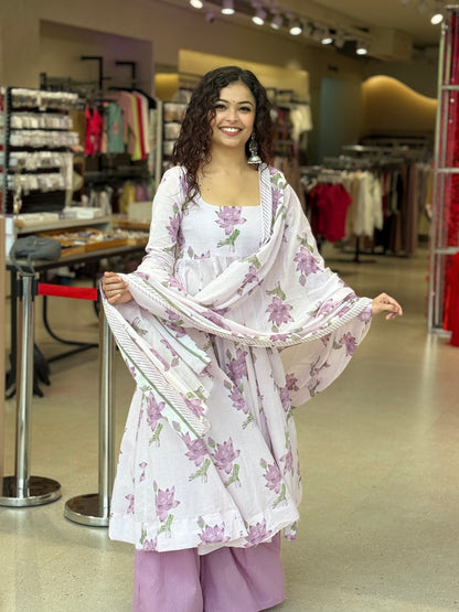 Elegant Cotton Anarkali 3-Piece Set | Kurta, Bottom & Dupatta
