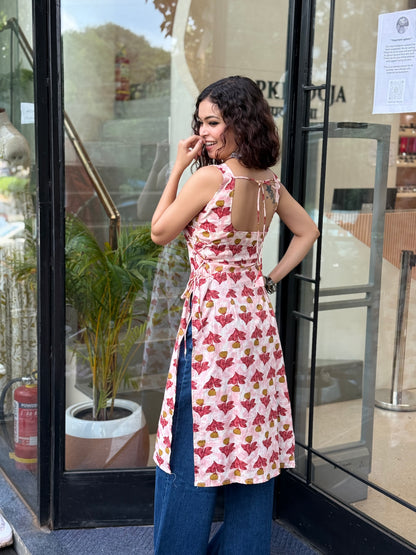 Flower white long kurti side dori