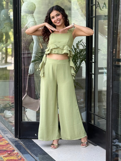 Ruffle Co-Ord Set for Women | Chic Crop Top & Wide-Leg Pants