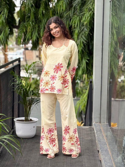Cream Floral Printed Cotton Co-ord Set for Women