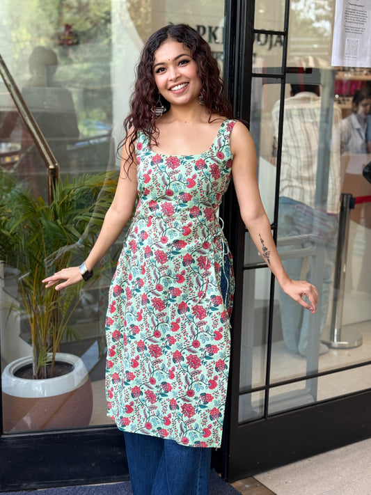 Green flower long kurti with side dori