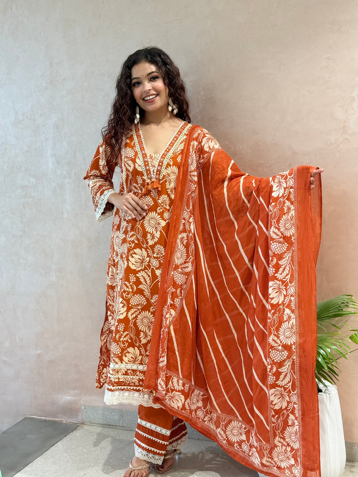 Rust colour V Nayak white thread mirror work 3 piece cotton set  ￼￼