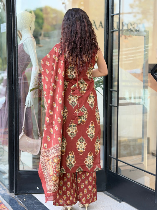 Rust Brown Pure Cotton Printed 3-Piece Suit Set for Women | Kurta, Pants & Dupatta