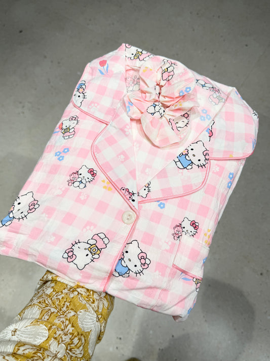 Kitty Print Cloud Cotton 4-Piece Night Suit Set