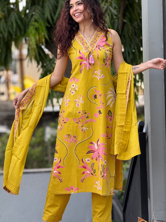 Mustard Yellow Pure Cotton Floral Printed 3-Piece Suit Set for Women | Kurta, Pants & Dupatta