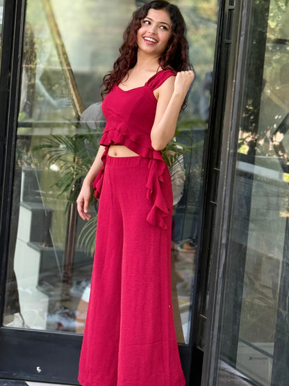 Ruffle Co-Ord Set for Women | Chic Crop Top & Wide-Leg Pants