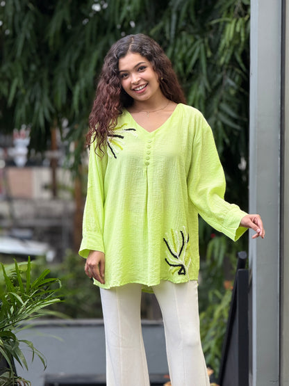 embroidered button detail top.