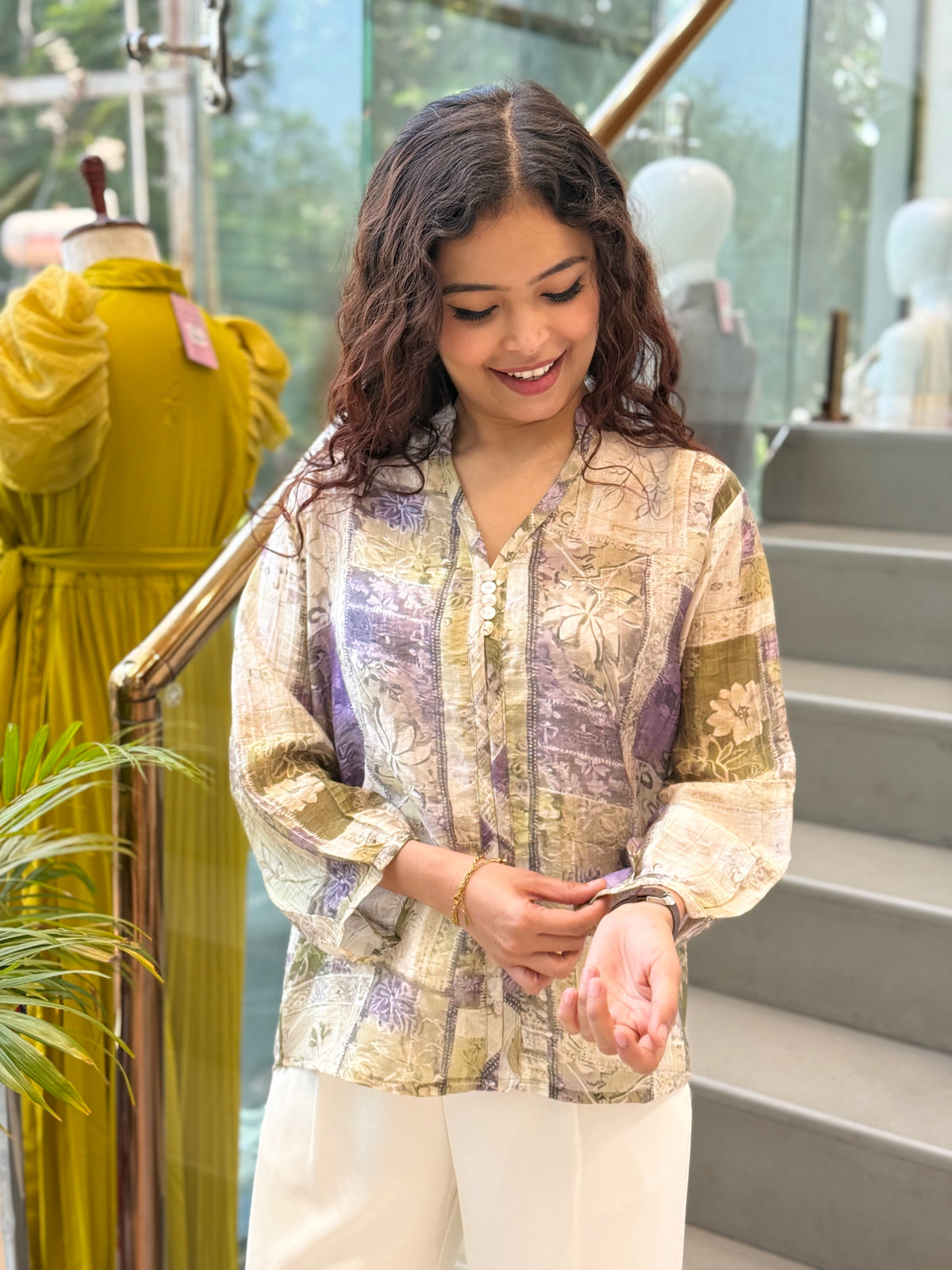 Printed  front button  chiffon top