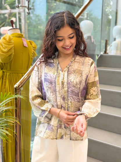 Printed  front button  chiffon top
