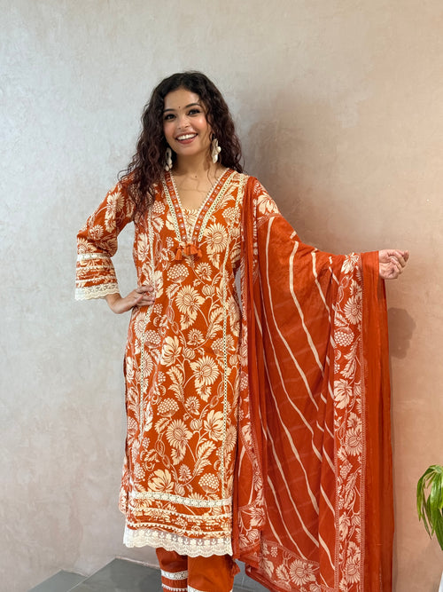 Rust colour V Nayak white thread mirror work 3 piece cotton set  ￼￼