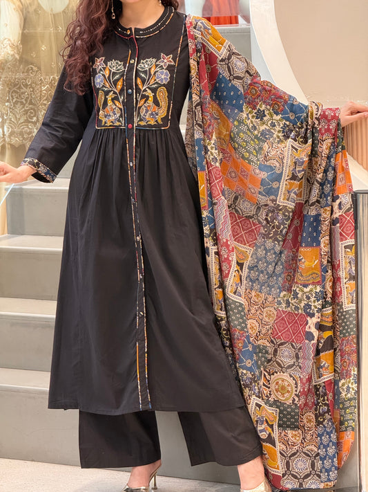 Midnight Black cotton Embroidered Kurta Set with Printed Dupatta
