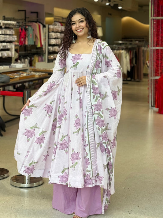 Elegant Cotton Anarkali 3-Piece Set | Kurta, Bottom & Dupatta