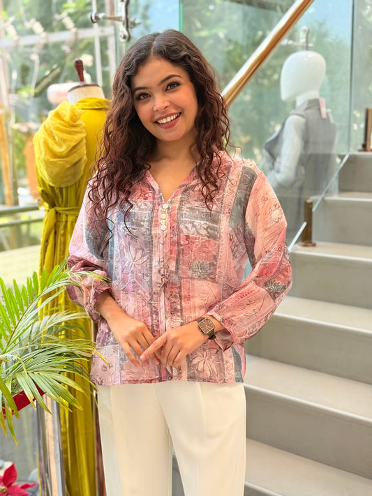 Printed  front button  chiffon top