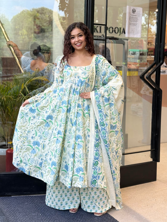 Elegant Cotton Anarkali 3-Piece Set | Kurta, Bottom & Dupatta