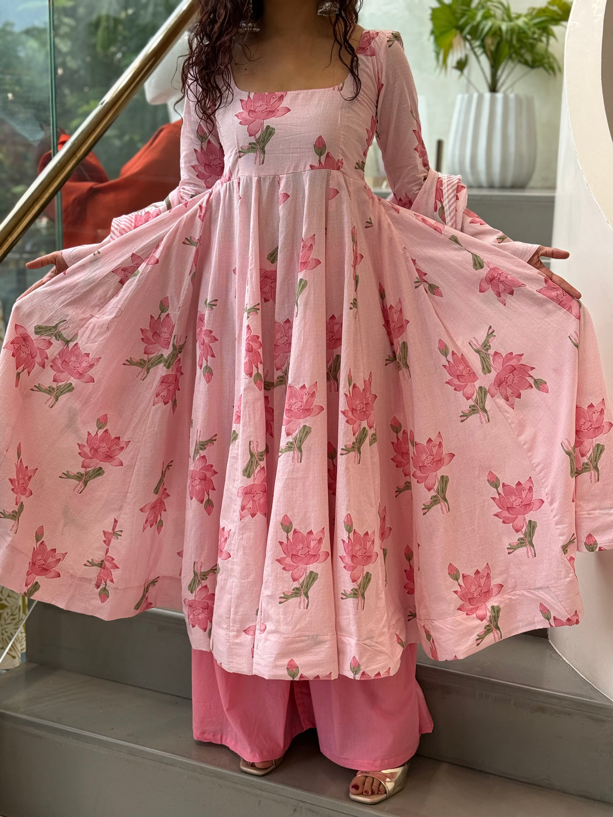 Elegant Cotton Anarkali 3-Piece Set | Kurta, Bottom & Dupatta