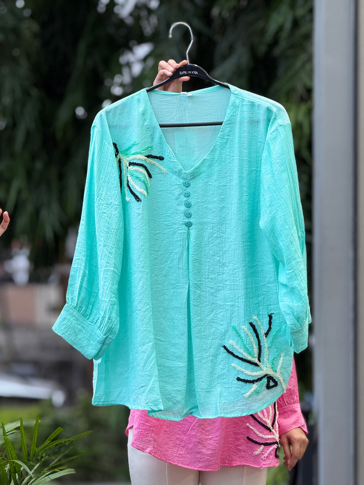embroidered button detail top.