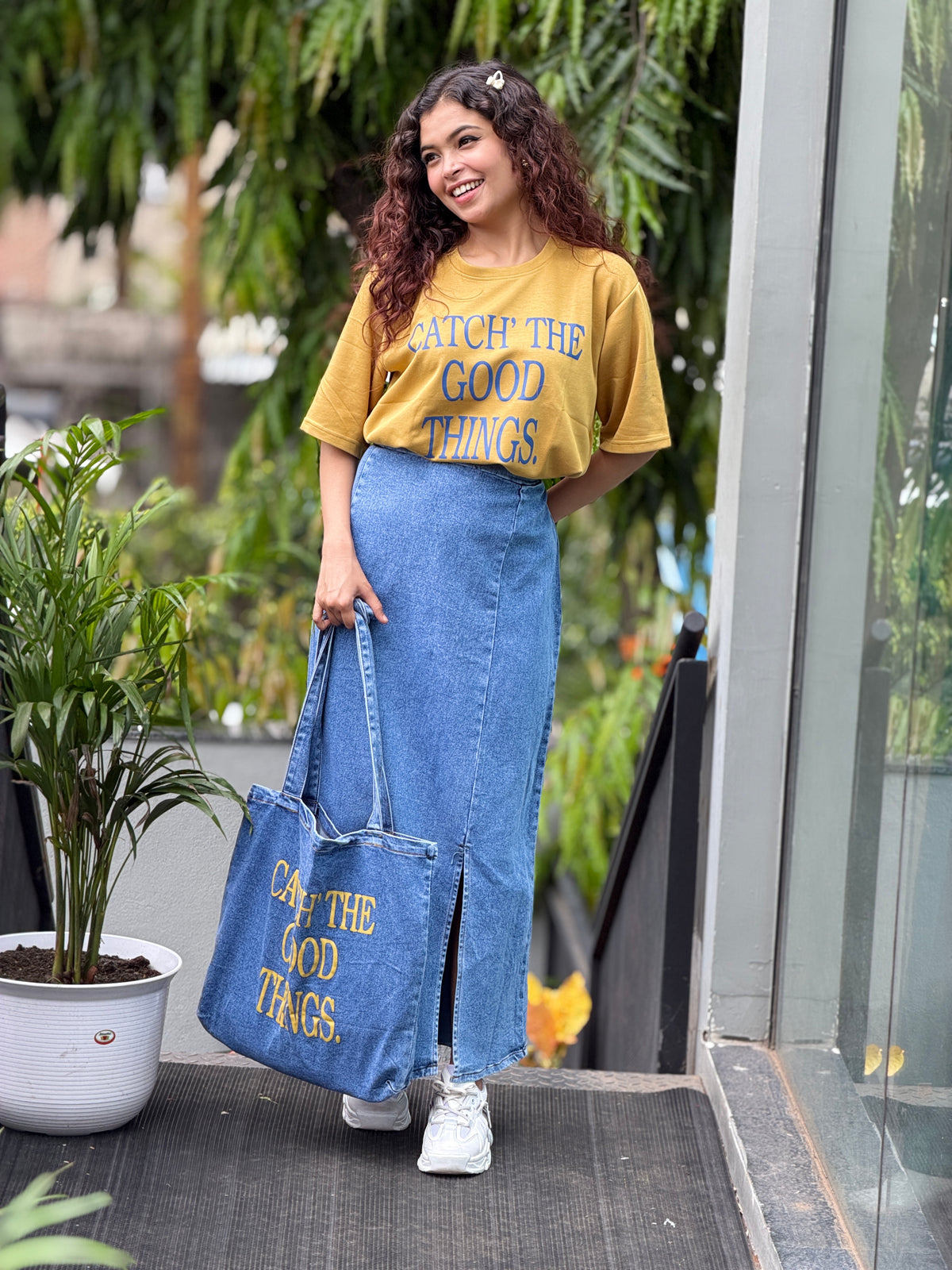 Denim skirt and T-shirt co-ord set with denim Tote bag