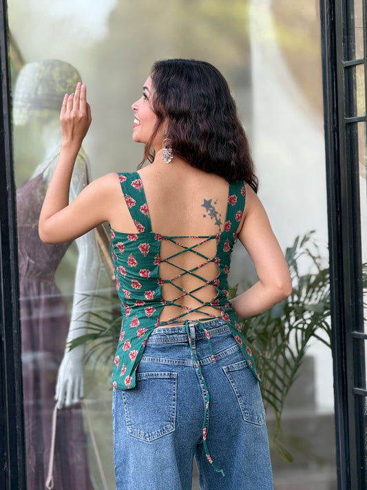 Printed Cotton Padded Backless Top with Lace-Up Back
