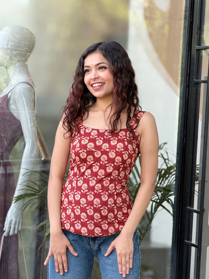 Printed Cotton Padded Backless Top with Lace-Up Back