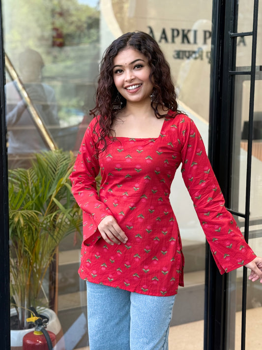Square neck full sleeves back doori kurti