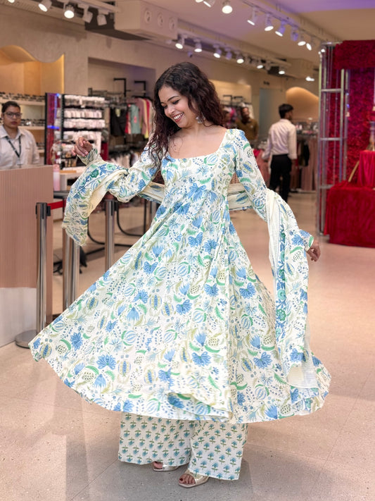Elegant Cotton Anarkali 3-Piece Set | Kurta, Bottom & Dupatta
