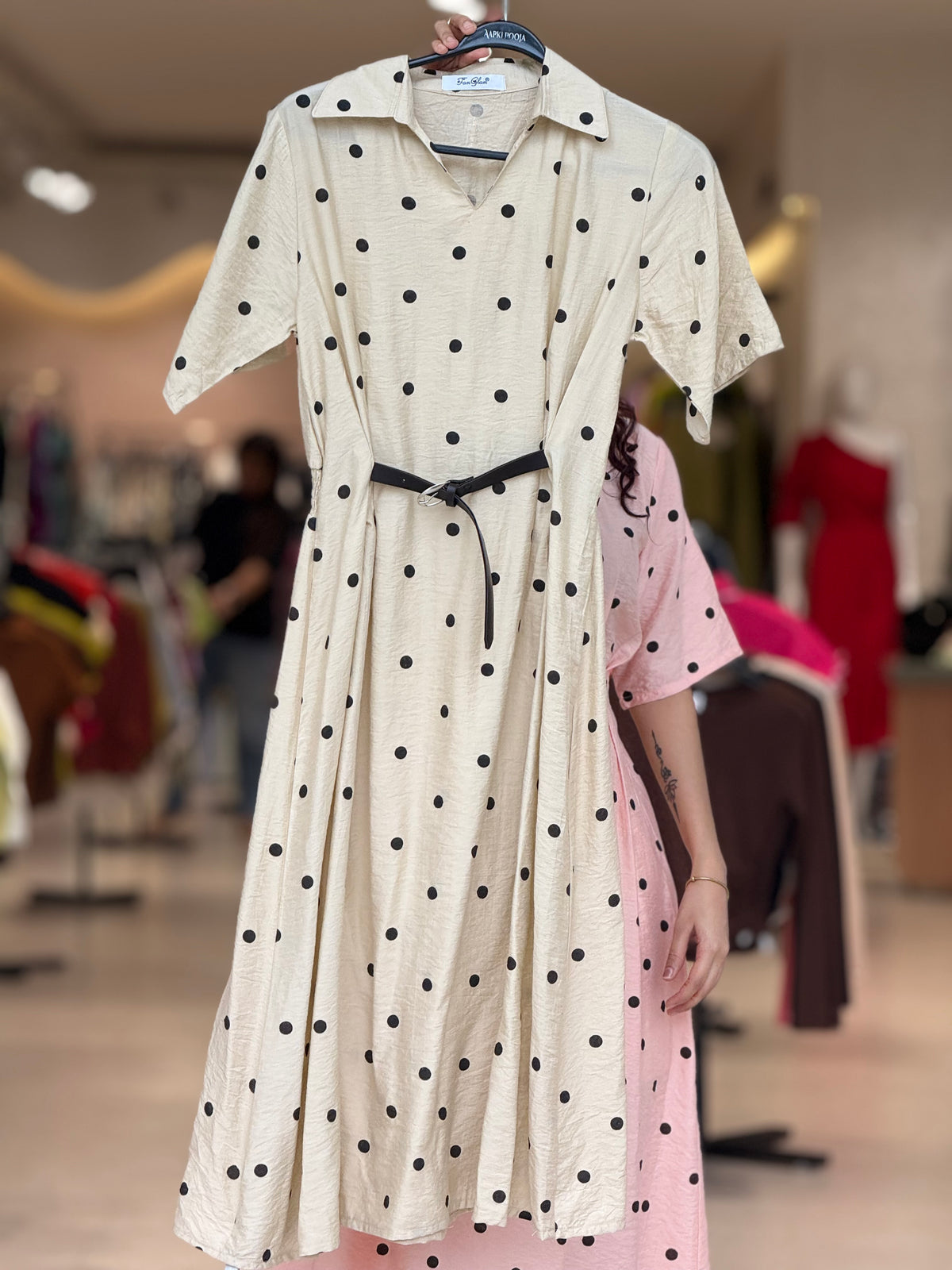 polka dot inbuilt belt one piece dress