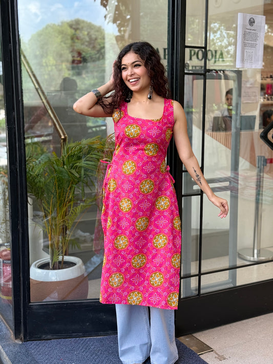 Flower pink long kurti with side dori