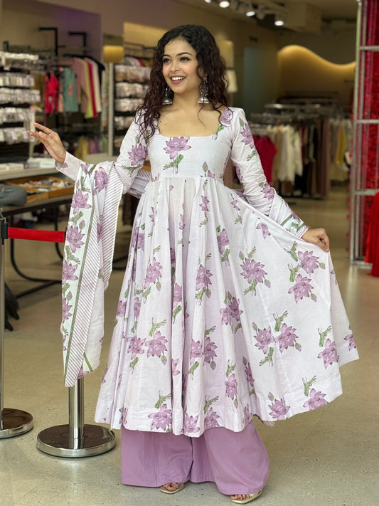 Elegant Cotton Anarkali 3-Piece Set | Kurta, Bottom & Dupatta