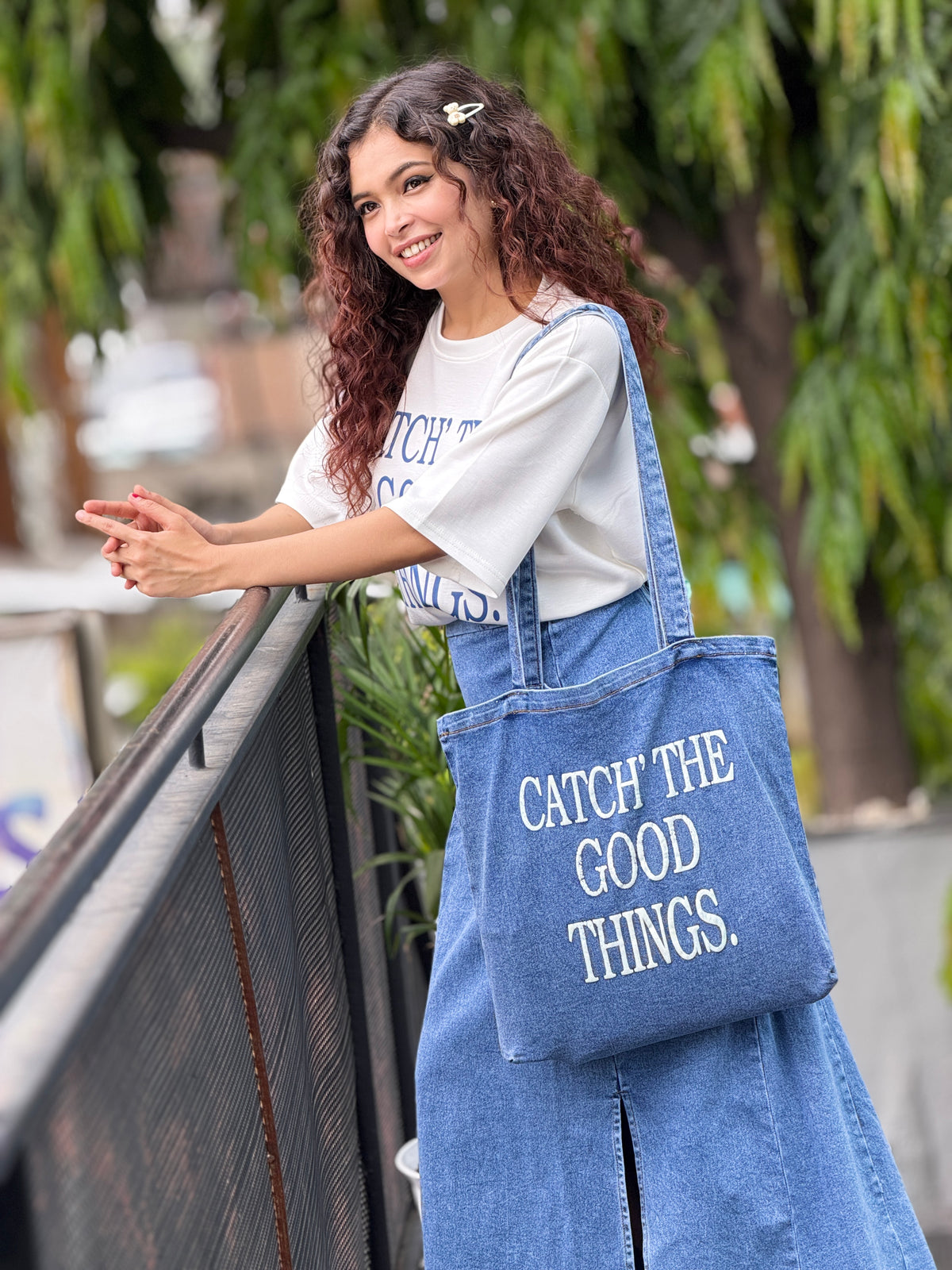 Denim skirt and T-shirt co-ord set with denim Tote bag