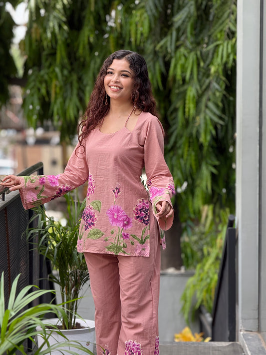 Peach Floral Printed Cotton Co-ord Set for Women