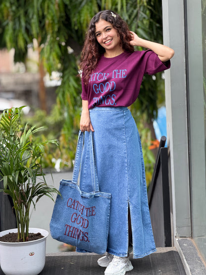 Denim skirt and T-shirt co-ord set with denim Tote bag