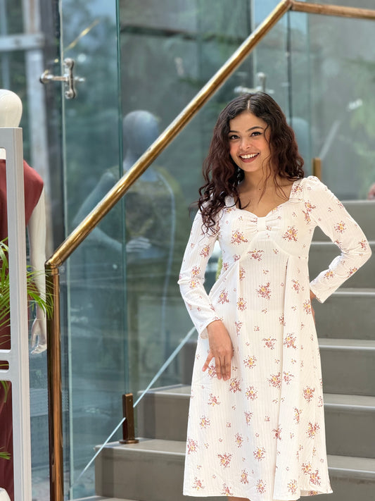 White Floral Smocked Midi Dress