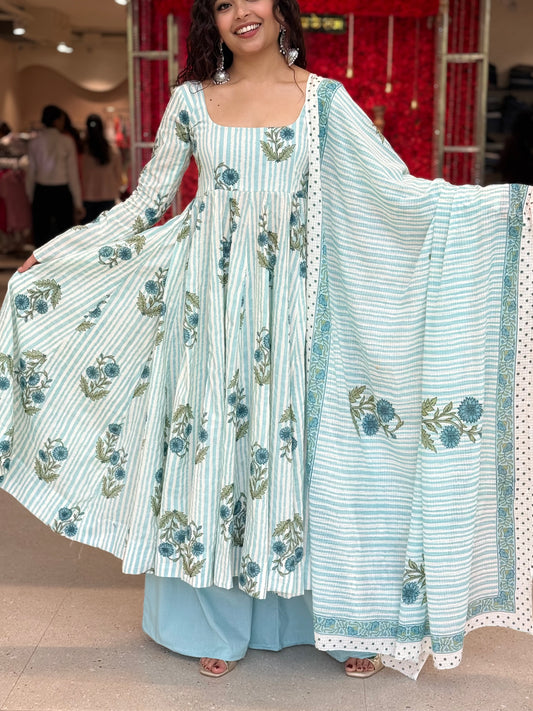 Elegant Cotton Anarkali 3-Piece Set | Kurta, Bottom & Dupatta