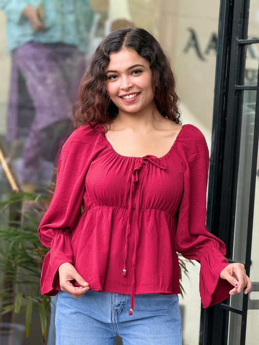 Women's Smocked Peplum Top with Tie-Up Neck and Flared Sleeves