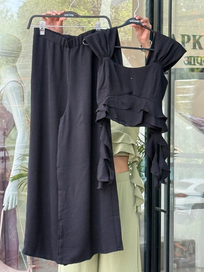 Ruffle Co-Ord Set for Women | Chic Crop Top & Wide-Leg Pants