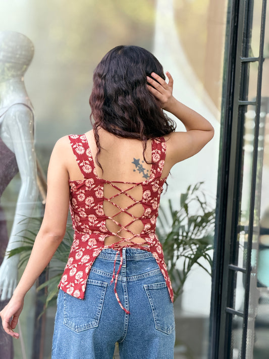 Printed Cotton Padded Backless Top with Lace-Up Back