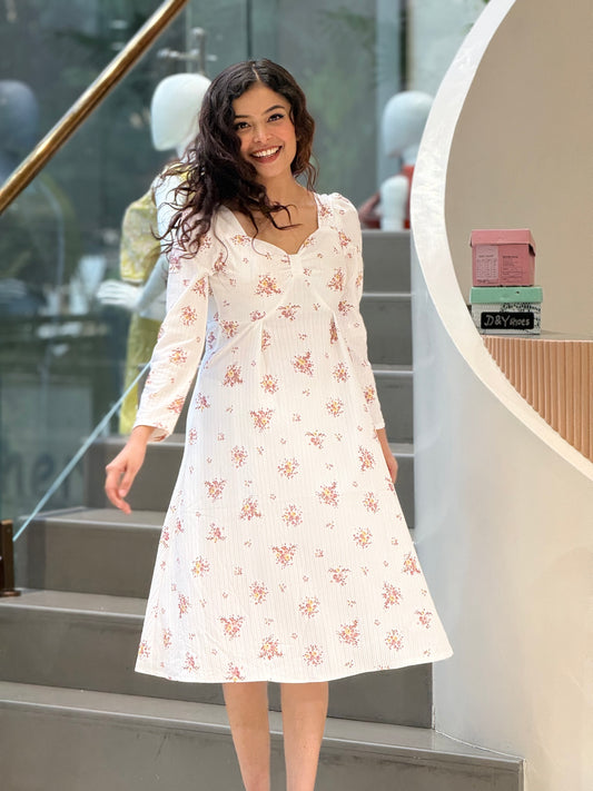 White Floral Smocked Midi Dress