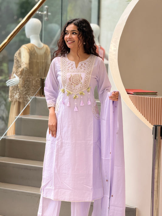 3 piece neckline embroidered cotton suit set