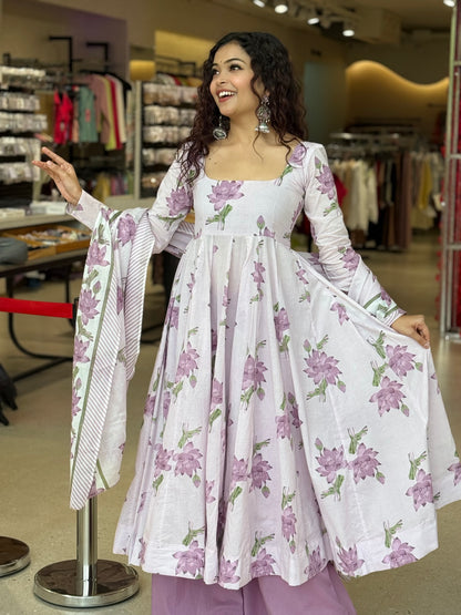 Elegant Cotton Anarkali 3-Piece Set | Kurta, Bottom & Dupatta