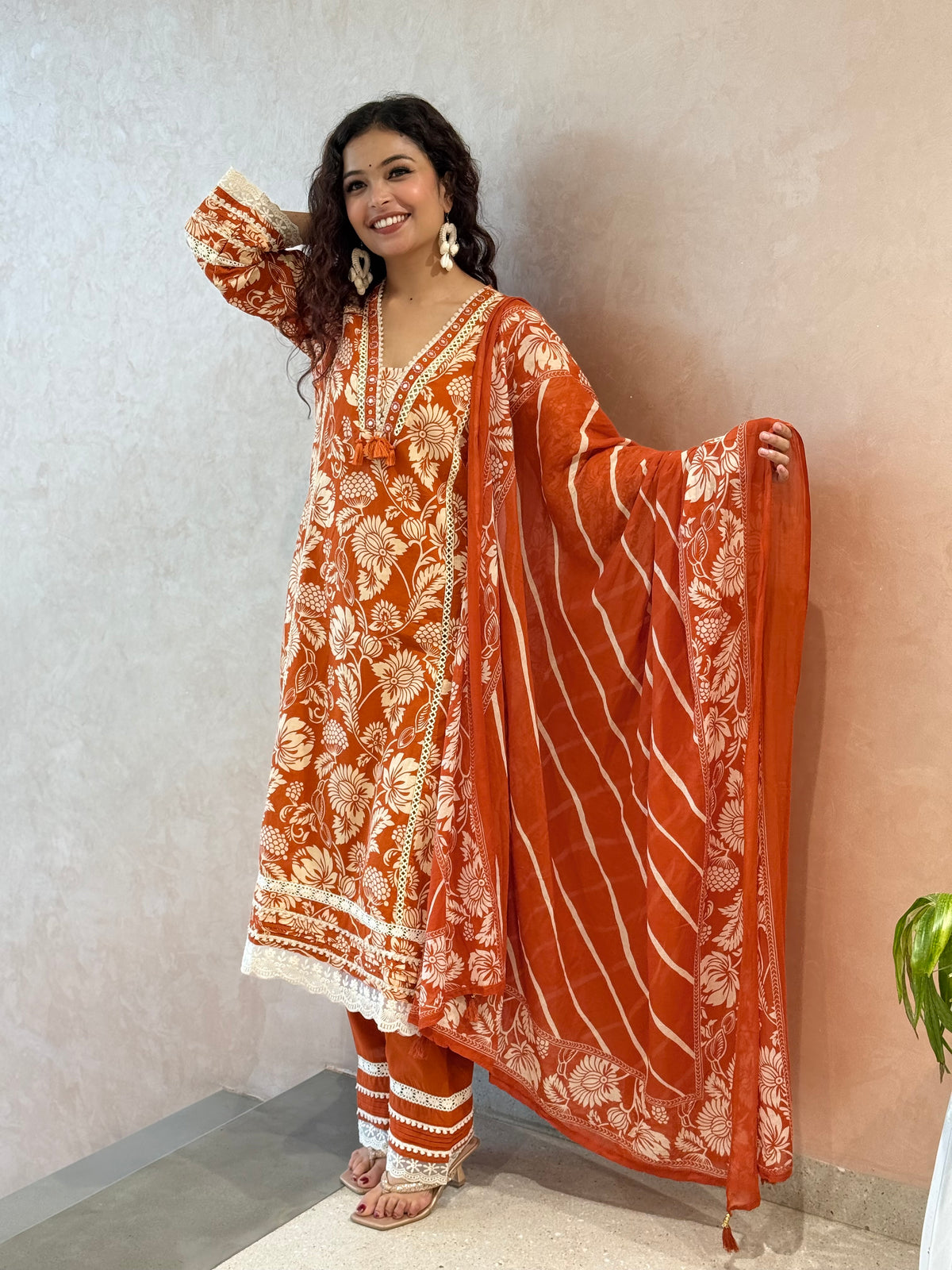 Rust colour V Nayak white thread mirror work 3 piece cotton set  ￼￼