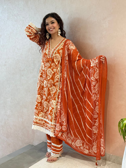 Rust colour V Nayak white thread mirror work 3 piece cotton set  ￼￼