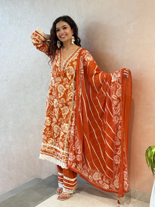 Rust colour V Nayak white thread mirror work 3 piece cotton set  ￼￼