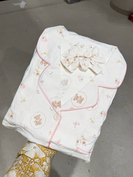 Floral Teddy Cloud Cotton 4-Piece Night Suit Set