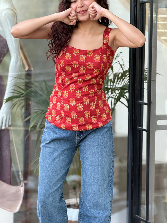 Printed Cotton Padded Backless Top with Lace-Up Back
