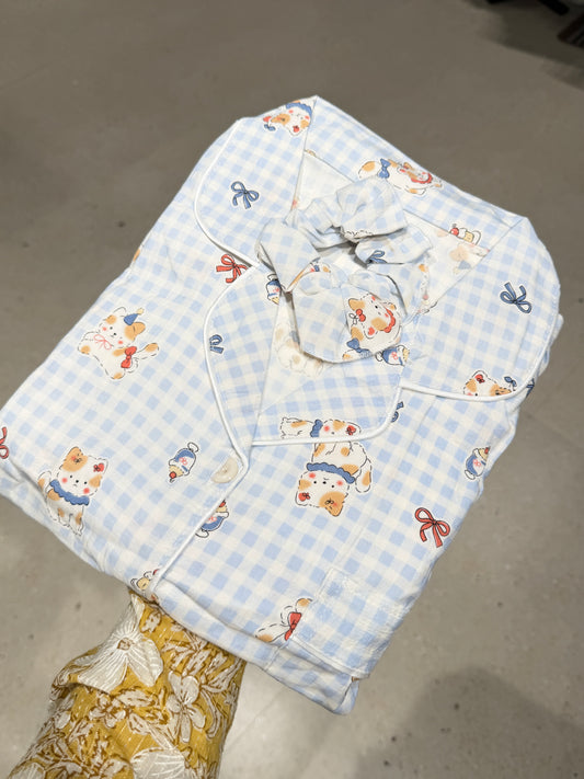 Blue Checks Teddy Cloud Cotton 4-Piece Night Suit Set