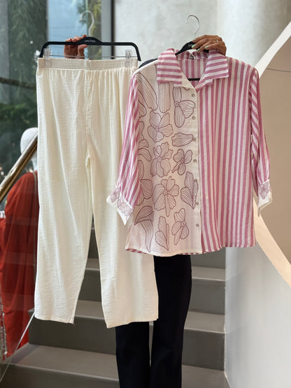 Stripe print shirt asymmetric floral cordset