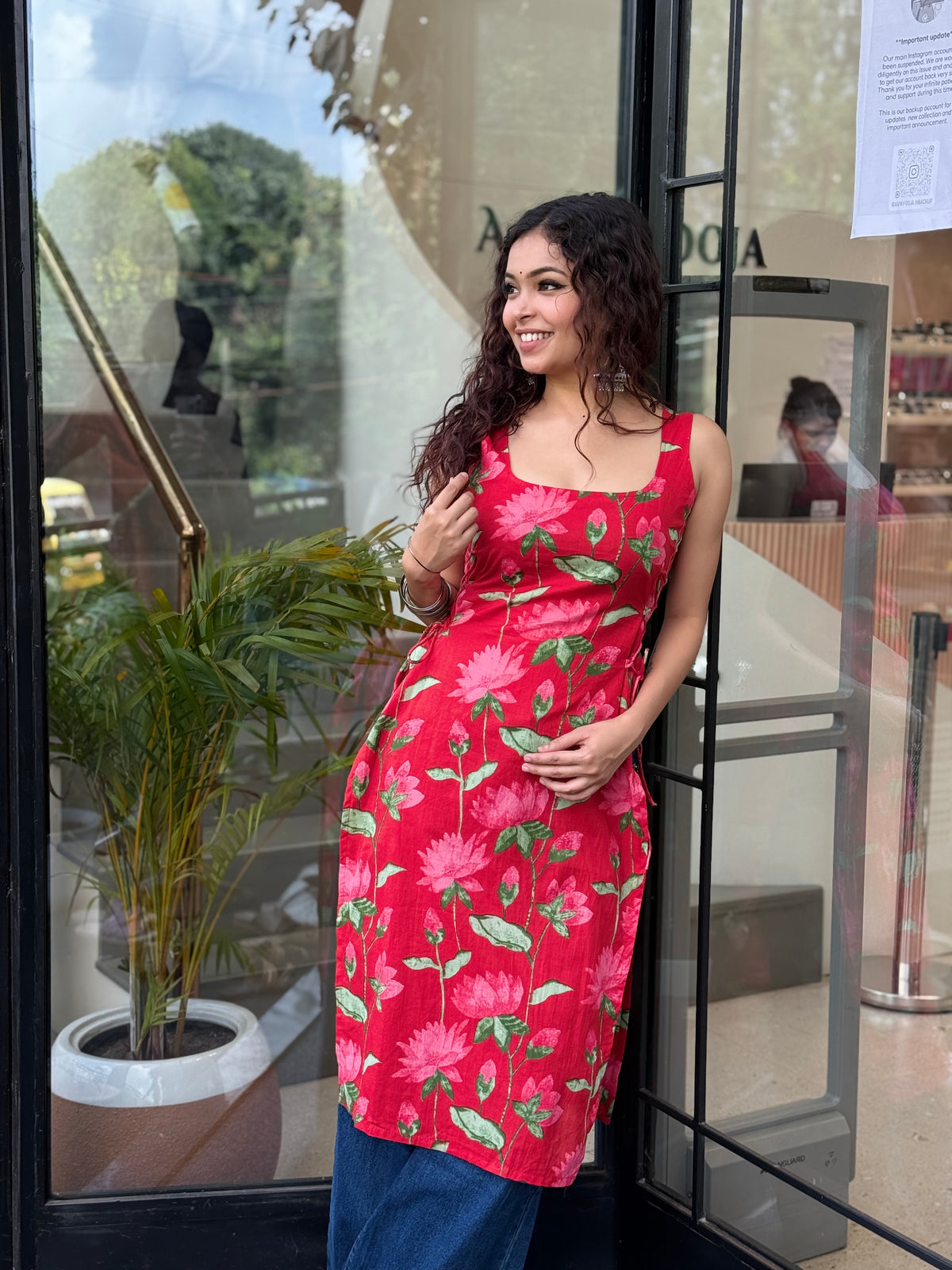 Red flower long kurti square neck ￼￼